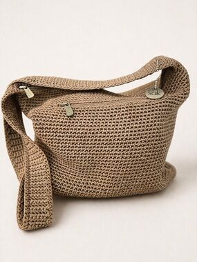 The Sak Crochet Knit Shoulder Bag Brown Boho Hobo Zip Closure